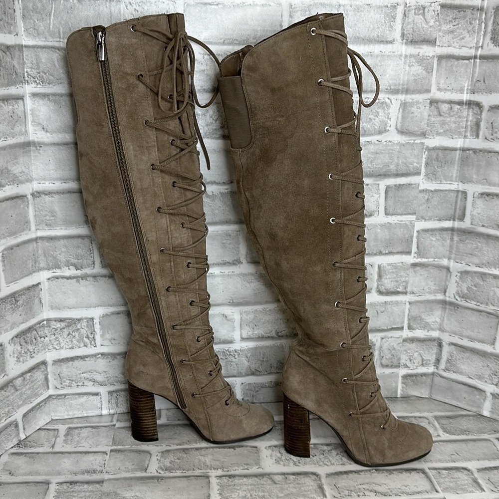 VINCE Camuto Thanta suede over the knee lace up boots. 3.5” heels. Full zip up.